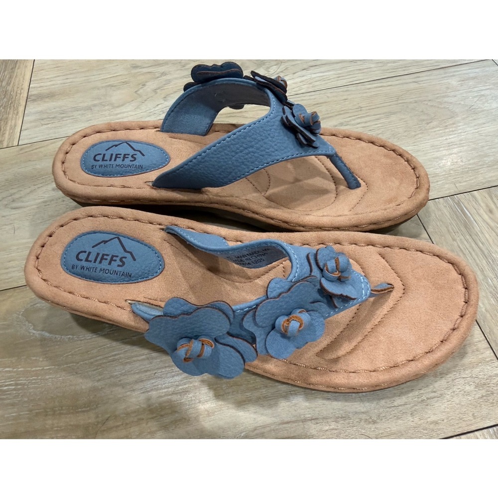 Cliffs by White Mountain Cassilia Blue Floral Wedge Thong Sandals Womens 8M